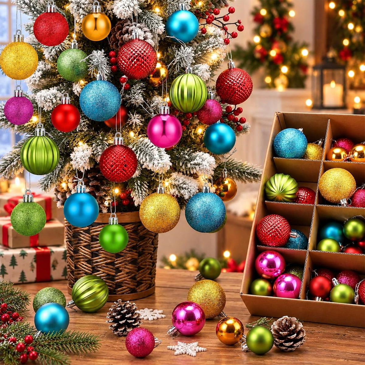 64 Pcs Neutral Christmas Ball Ornaments Brown Green White Xmas Bulbs | 1.57/1.97/2.36 Inch, Shatterproof Xmas Baubles, Assorted Size Modern Christmas Decoration, for Tree Home Indoor Holiday Decor