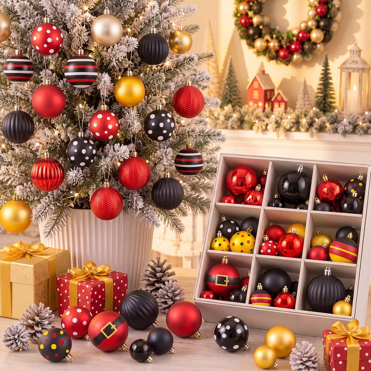 64 Pcs Neutral Christmas Ball Ornaments Brown Green White Xmas Bulbs | 1.57/1.97/2.36 Inch, Shatterproof Xmas Baubles, Assorted Size Modern Christmas Decoration, for Tree Home Indoor Holiday Decor