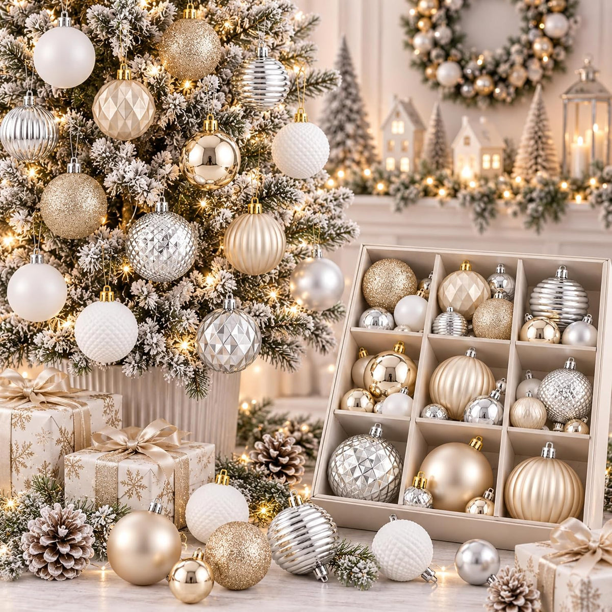 64 Pcs Neutral Christmas Ball Ornaments Brown Green White Xmas Bulbs | 1.57/1.97/2.36 Inch, Shatterproof Xmas Baubles, Assorted Size Modern Christmas Decoration, for Tree Home Indoor Holiday Decor