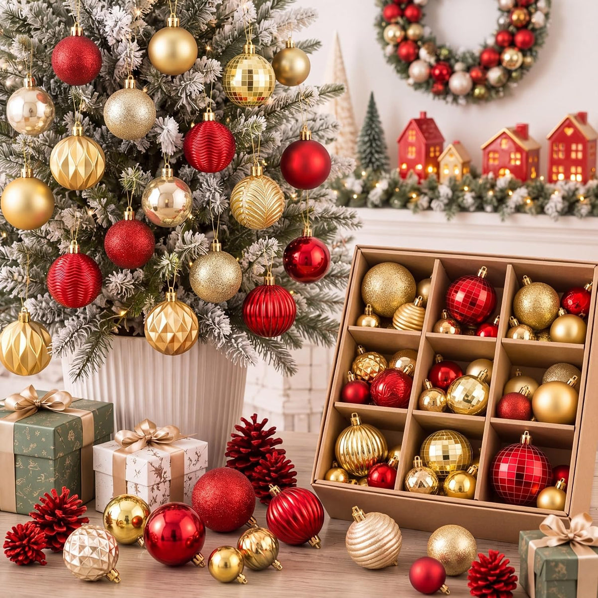 64 Pcs Neutral Christmas Ball Ornaments Brown Green White Xmas Bulbs | 1.57/1.97/2.36 Inch, Shatterproof Xmas Baubles, Assorted Size Modern Christmas Decoration, for Tree Home Indoor Holiday Decor
