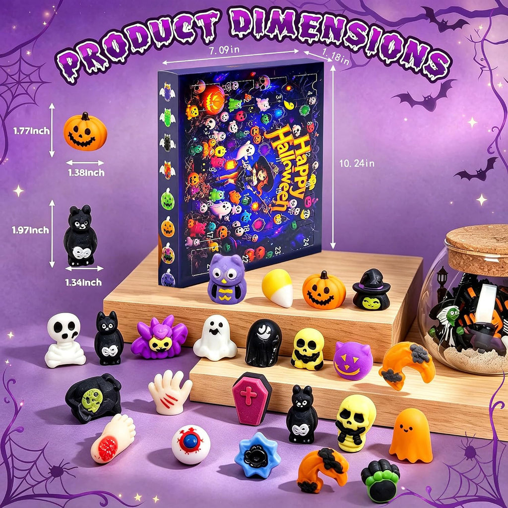 Halloween Advent Calendar 2026 – 24 Days Crunchy Squishy Countdown, Non Candy Trick or Treat Prizes, with Cute Spooky Designs like Pumpkins, Ghosts, Bats. Mystery Holiday Gift Box （random color）