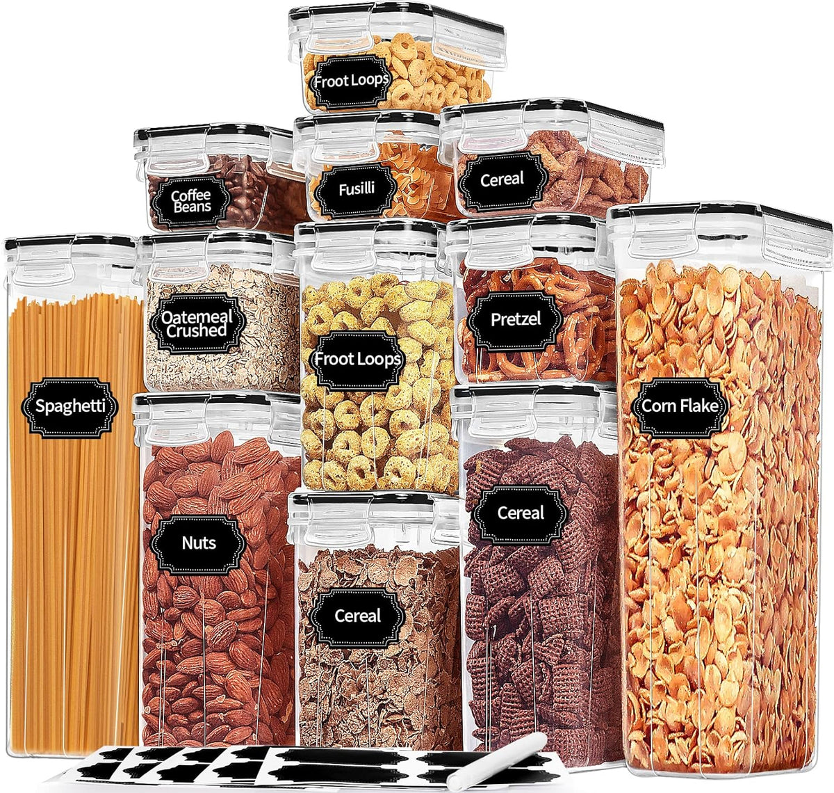 PRAKI Airtight Food Storage Containers Set, 16 Pcs BPA Free Plastic Dry Food Canisters for Kitchen Pantry Organization and Storage Ideal for Cereal, Flour & Sugar - Labels, Marker(Black)
