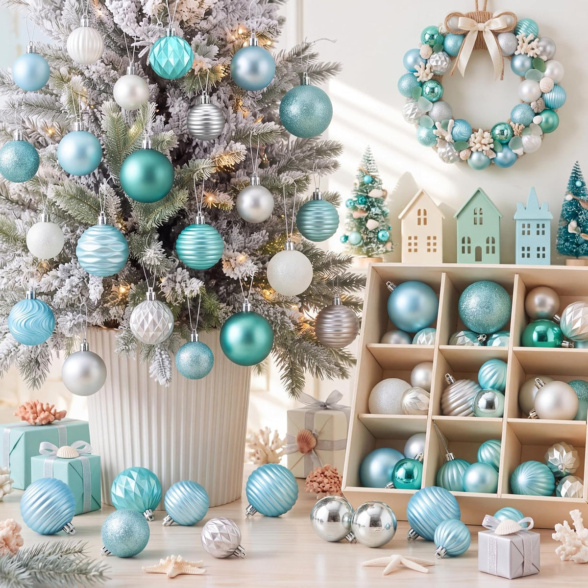 64 Pcs Neutral Christmas Ball Ornaments Brown Green White Xmas Bulbs | 1.57/1.97/2.36 Inch, Shatterproof Xmas Baubles, Assorted Size Modern Christmas Decoration, for Tree Home Indoor Holiday Decor