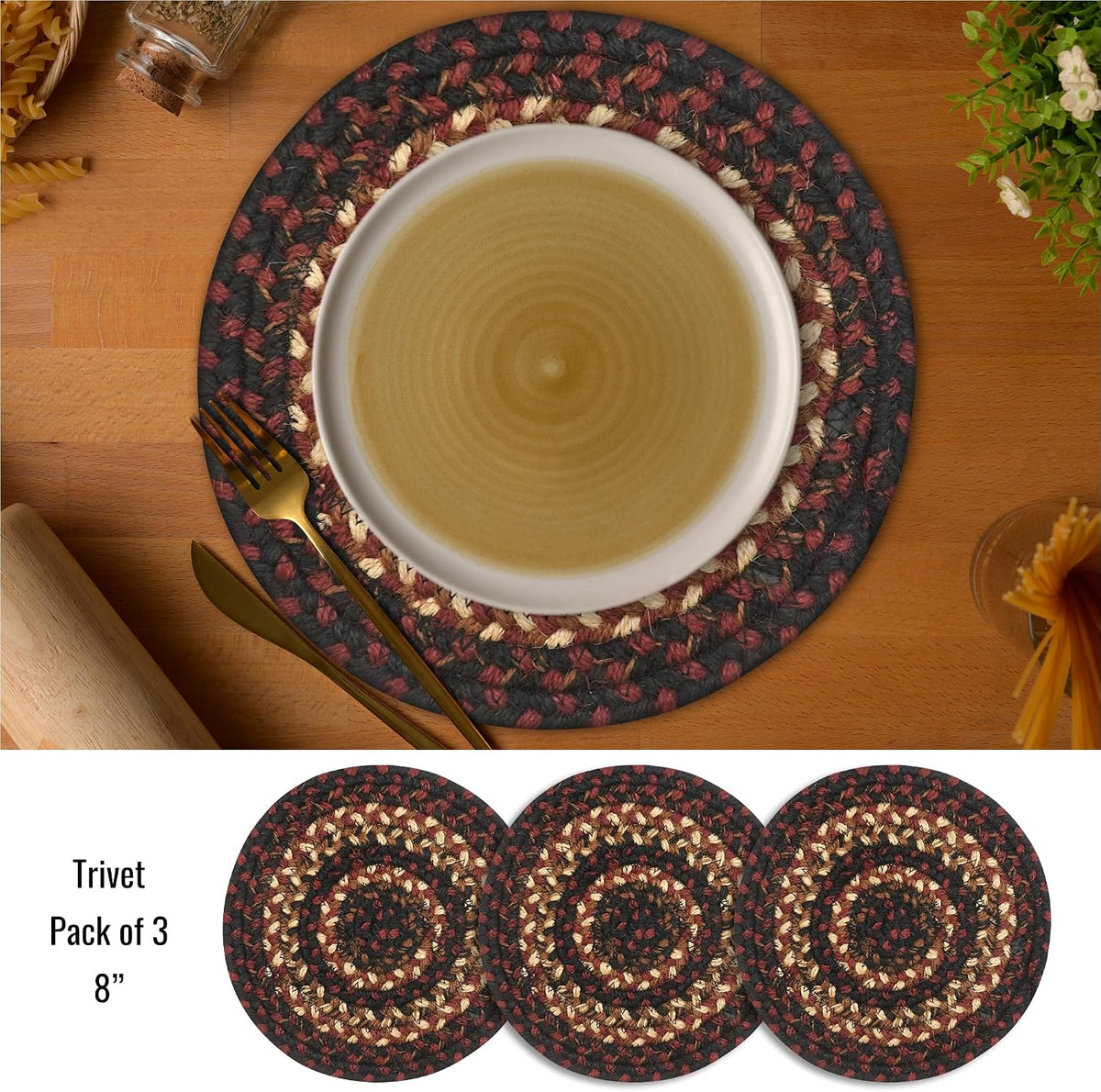 Homespice Apple Pie Braided Coasters for Country Decor, Round 4 Set of 6 | Red Absorbent Drink Coasters for Tabletop, Absorbs Moisture, Rich Colors, Durable and Easy to Clean