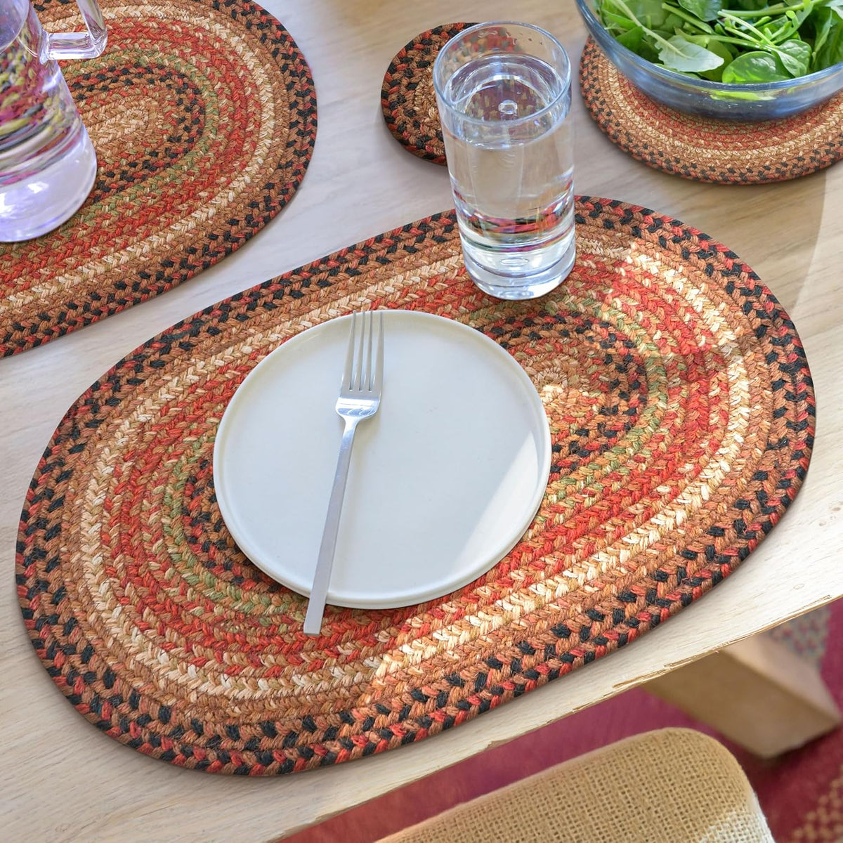 Homespice Apple Pie Braided Coasters for Country Decor, Round 4 Set of 6 | Red Absorbent Drink Coasters for Tabletop, Absorbs Moisture, Rich Colors, Durable and Easy to Clean