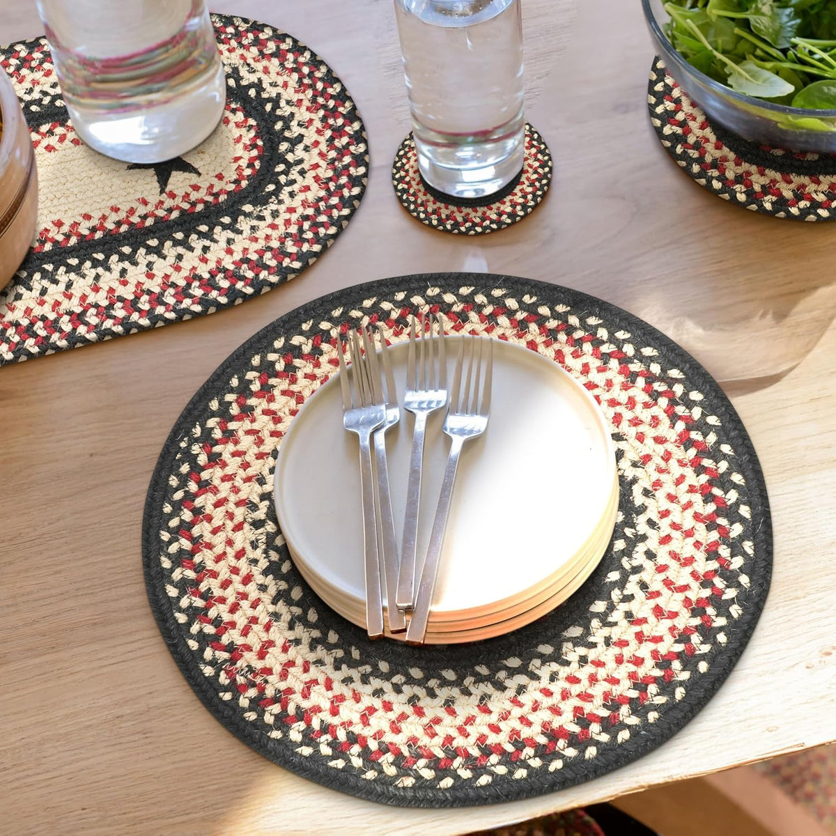 Homespice Apple Pie Braided Coasters for Country Decor, Round 4 Set of 6 | Red Absorbent Drink Coasters for Tabletop, Absorbs Moisture, Rich Colors, Durable and Easy to Clean
