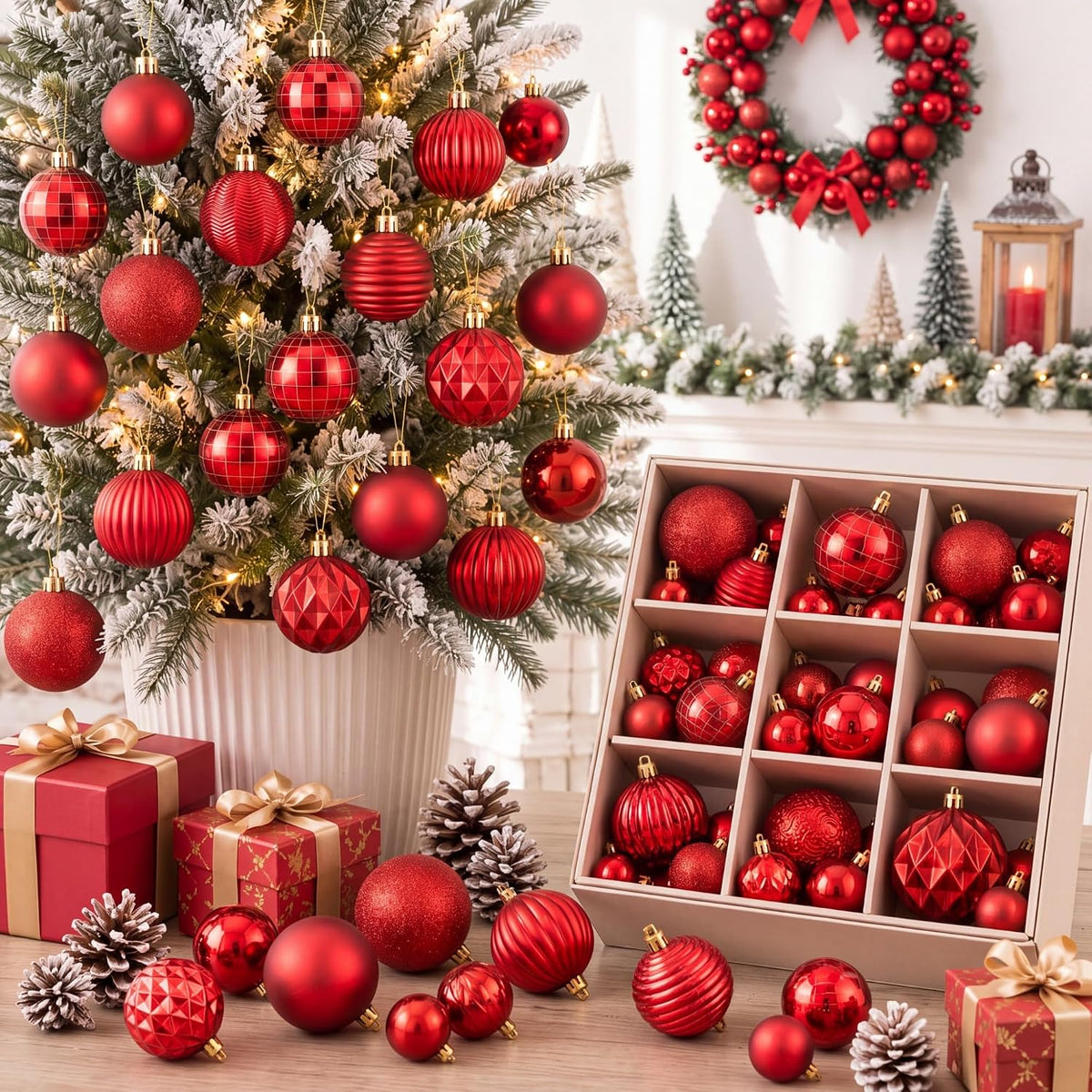 64 Pcs Neutral Christmas Ball Ornaments Brown Green White Xmas Bulbs | 1.57/1.97/2.36 Inch, Shatterproof Xmas Baubles, Assorted Size Modern Christmas Decoration, for Tree Home Indoor Holiday Decor