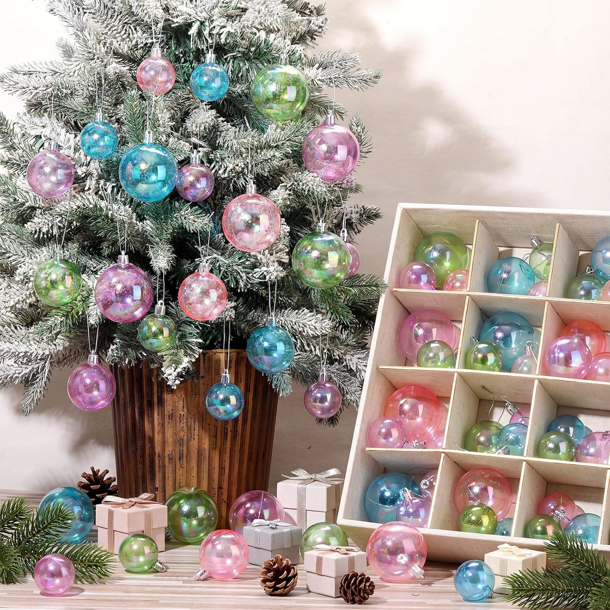 64 Pcs Neutral Christmas Ball Ornaments Brown Green White Xmas Bulbs | 1.57/1.97/2.36 Inch, Shatterproof Xmas Baubles, Assorted Size Modern Christmas Decoration, for Tree Home Indoor Holiday Decor