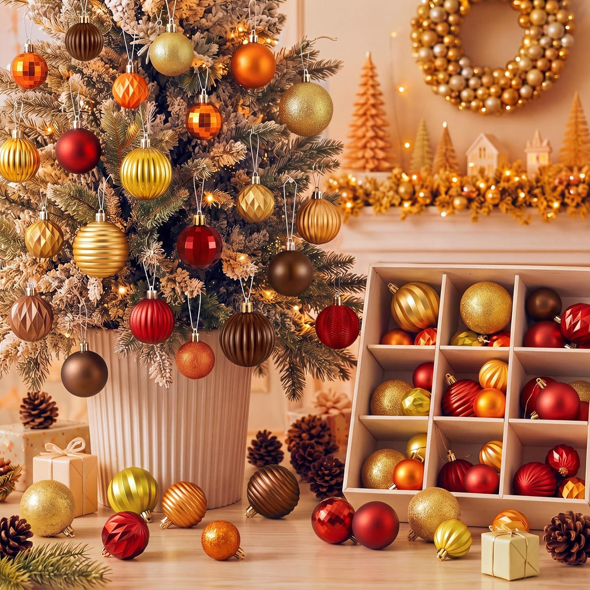 64 Pcs Neutral Christmas Ball Ornaments Brown Green White Xmas Bulbs | 1.57/1.97/2.36 Inch, Shatterproof Xmas Baubles, Assorted Size Modern Christmas Decoration, for Tree Home Indoor Holiday Decor
