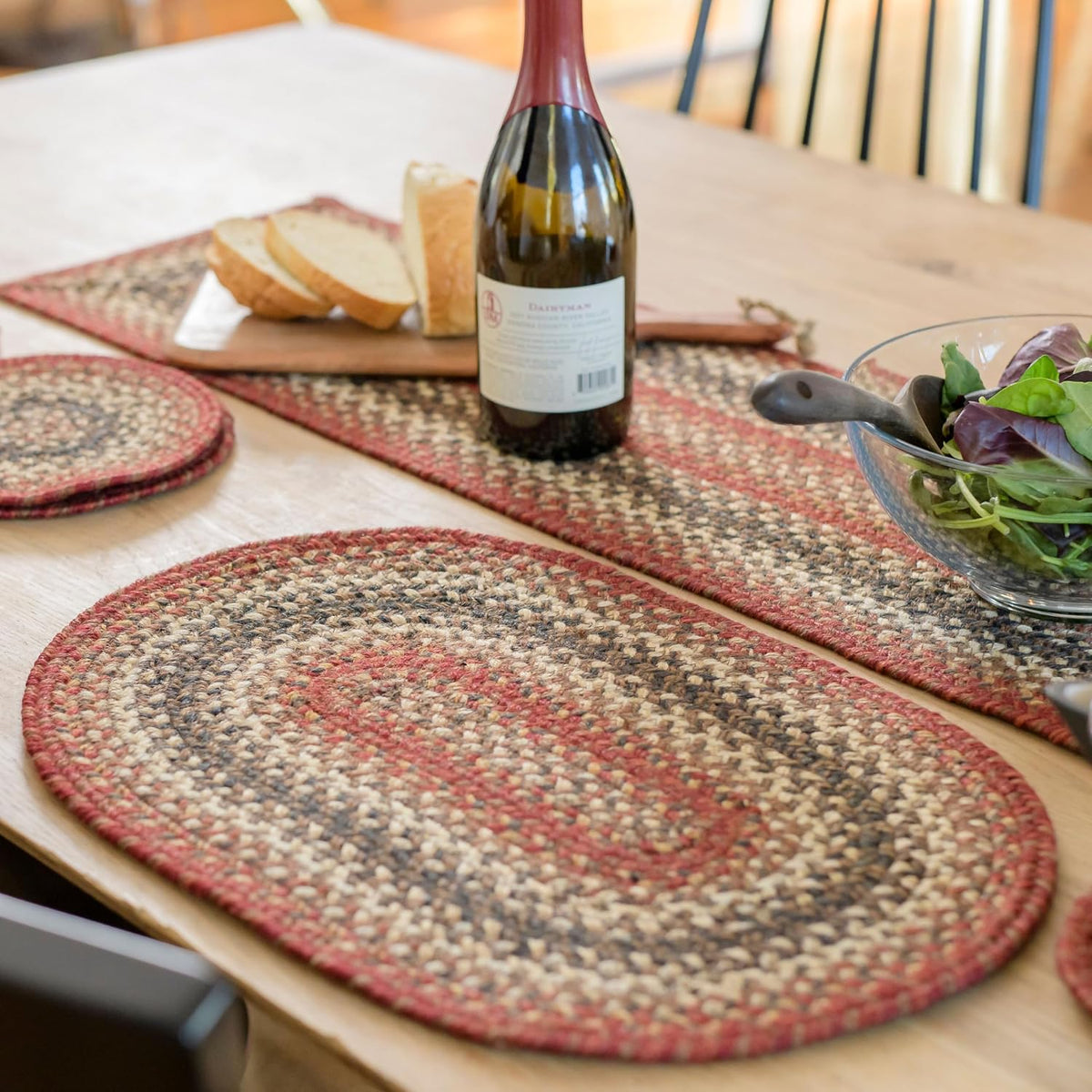 Homespice Apple Pie Braided Coasters for Country Decor, Round 4 Set of 6 | Red Absorbent Drink Coasters for Tabletop, Absorbs Moisture, Rich Colors, Durable and Easy to Clean