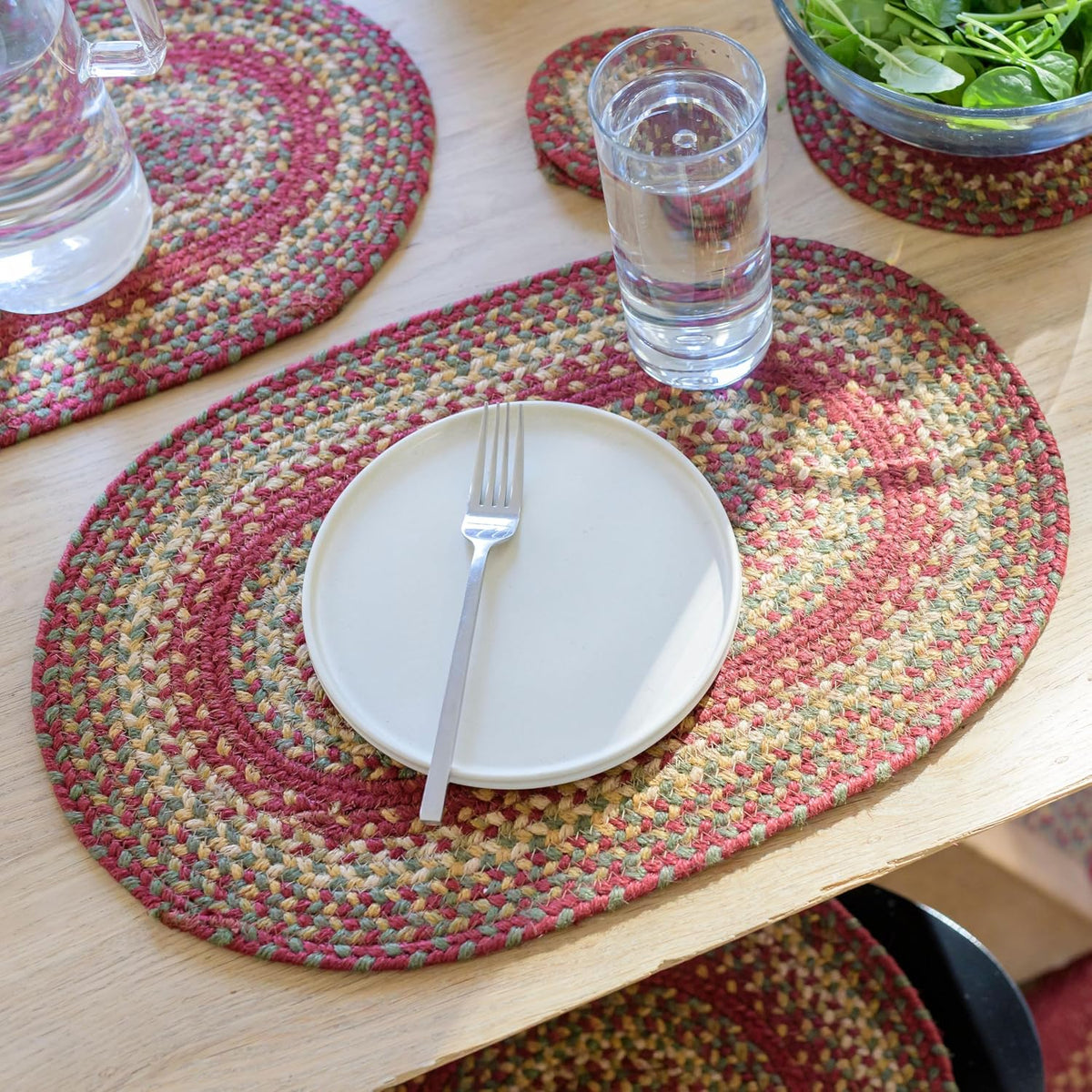 Homespice Apple Pie Braided Coasters for Country Decor, Round 4 Set of 6 | Red Absorbent Drink Coasters for Tabletop, Absorbs Moisture, Rich Colors, Durable and Easy to Clean