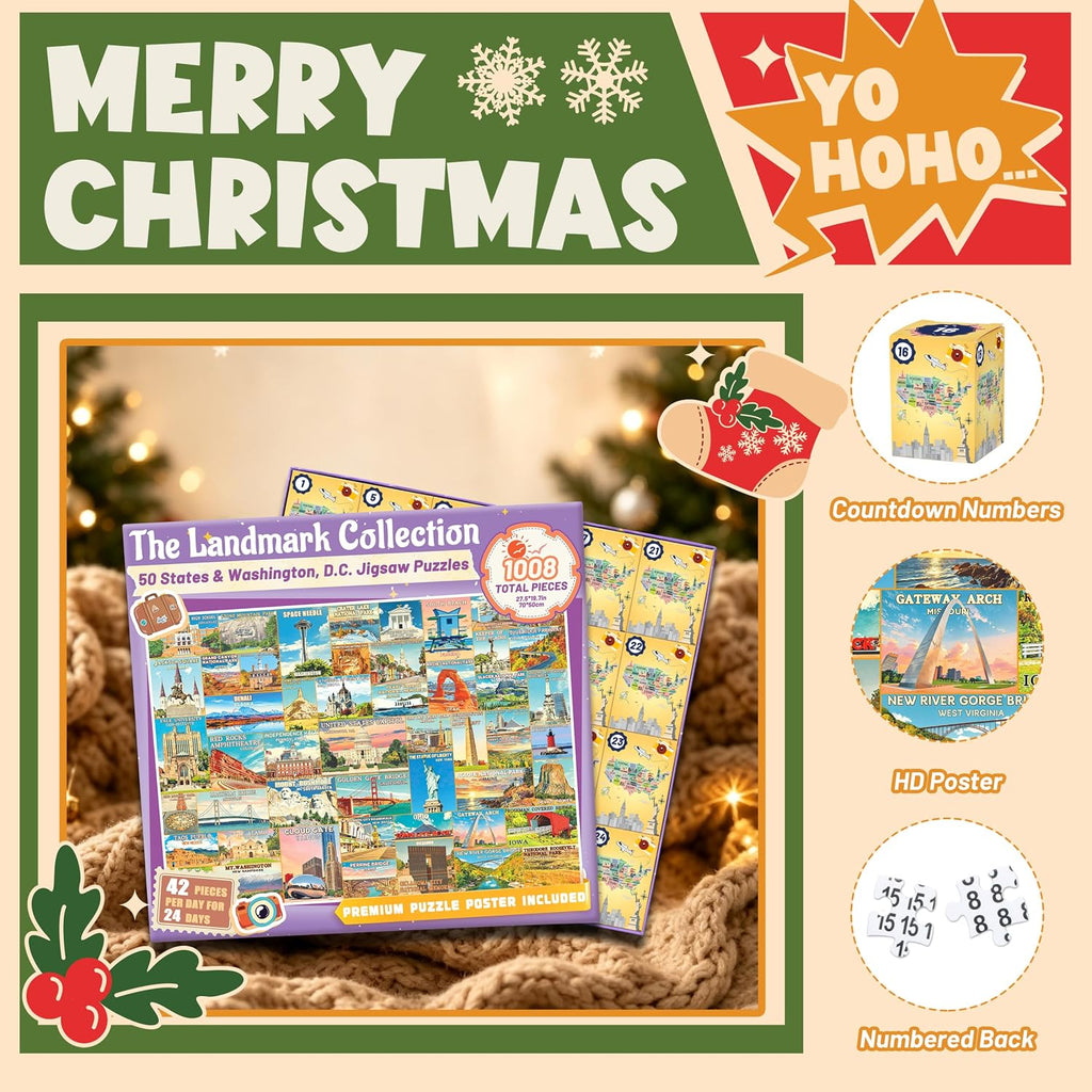 50 States & Washington, D.C. Puzzle Advent Calendar 2026, 1008 Pieces U.S. Iconic Landmarks Jigsaw Puzzles, Countdown to Christmas Travel Poster Design Puzzle for Adults/Kids
