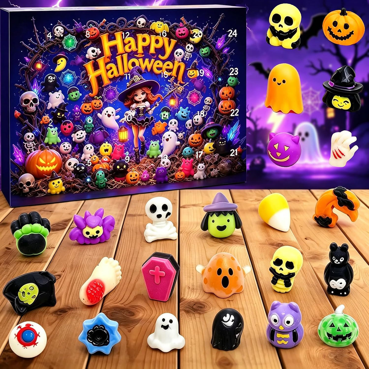 Halloween Advent Calendar 2026 – 24 Days Crunchy Squishy Countdown, Non Candy Trick or Treat Prizes, with Cute Spooky Designs like Pumpkins, Ghosts, Bats. Mystery Holiday Gift Box （random color）