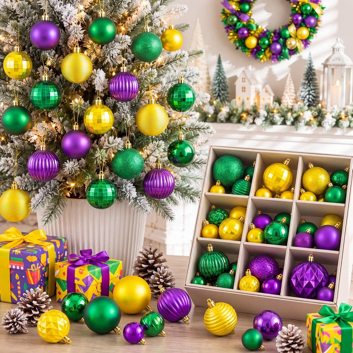 64 Pcs Neutral Christmas Ball Ornaments Brown Green White Xmas Bulbs | 1.57/1.97/2.36 Inch, Shatterproof Xmas Baubles, Assorted Size Modern Christmas Decoration, for Tree Home Indoor Holiday Decor