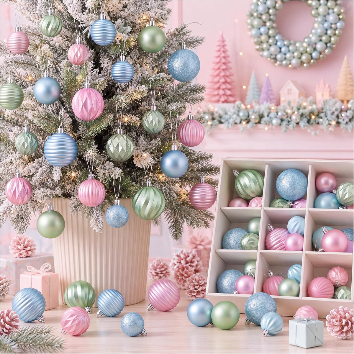 64 Pcs Neutral Christmas Ball Ornaments Brown Green White Xmas Bulbs | 1.57/1.97/2.36 Inch, Shatterproof Xmas Baubles, Assorted Size Modern Christmas Decoration, for Tree Home Indoor Holiday Decor