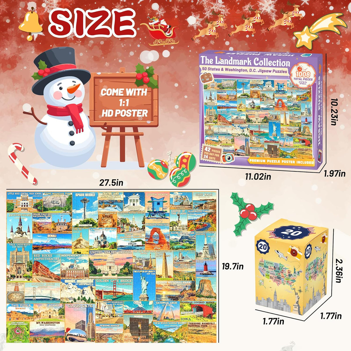 50 States & Washington, D.C. Puzzle Advent Calendar 2026, 1008 Pieces U.S. Iconic Landmarks Jigsaw Puzzles, Countdown to Christmas Travel Poster Design Puzzle for Adults/Kids