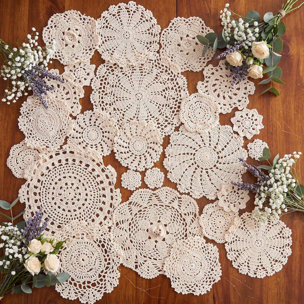 Irenare 24 Pcs Hand Crochet Lace Doilies Set 3 to 10 Inch Cotton Lace Doilies Vintage Round Floral Table Decor Placemats Coasters for Wedding Bridal Shower Boho Farmhouse Decoration