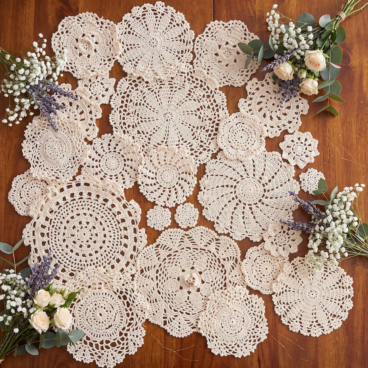 Irenare 24 Pcs Hand Crochet Lace Doilies Set 3 to 10 Inch Cotton Lace Doilies Vintage Round Floral Table Decor Placemats Coasters for Wedding Bridal Shower Boho Farmhouse Decoration