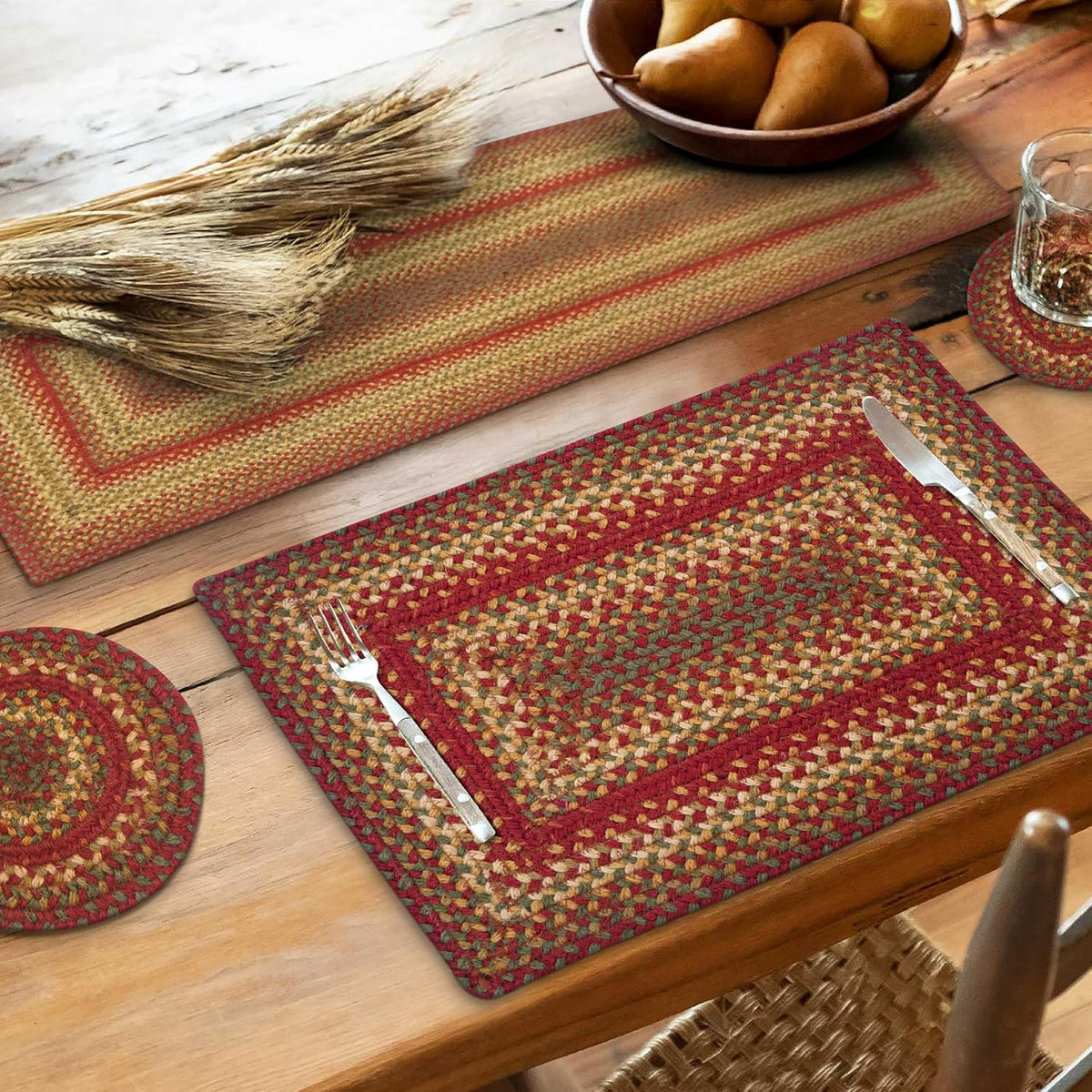 Homespice Apple Pie Braided Coasters for Country Decor, Round 4 Set of 6 | Red Absorbent Drink Coasters for Tabletop, Absorbs Moisture, Rich Colors, Durable and Easy to Clean