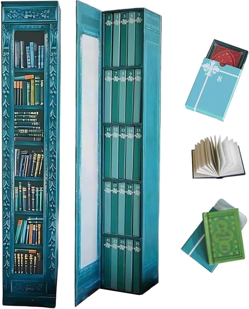 The blue advent calendar case closed beside the same case open with numbered spines, plus a wrapped book, a fanned open mini book and a stacked pair of mini books