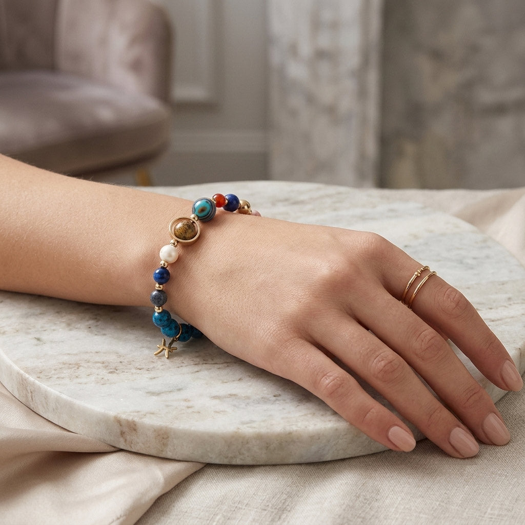 Planetary Zodiac Natural Blue Agate Bracelet
