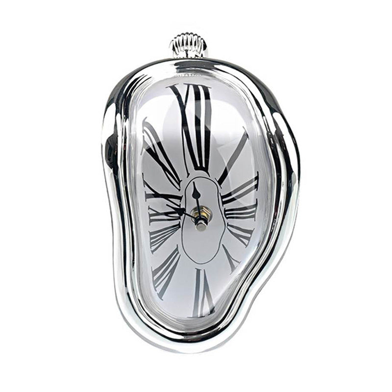 Silver melting clock, polished chrome enamel rim with a white dial and printed Roman numerals
