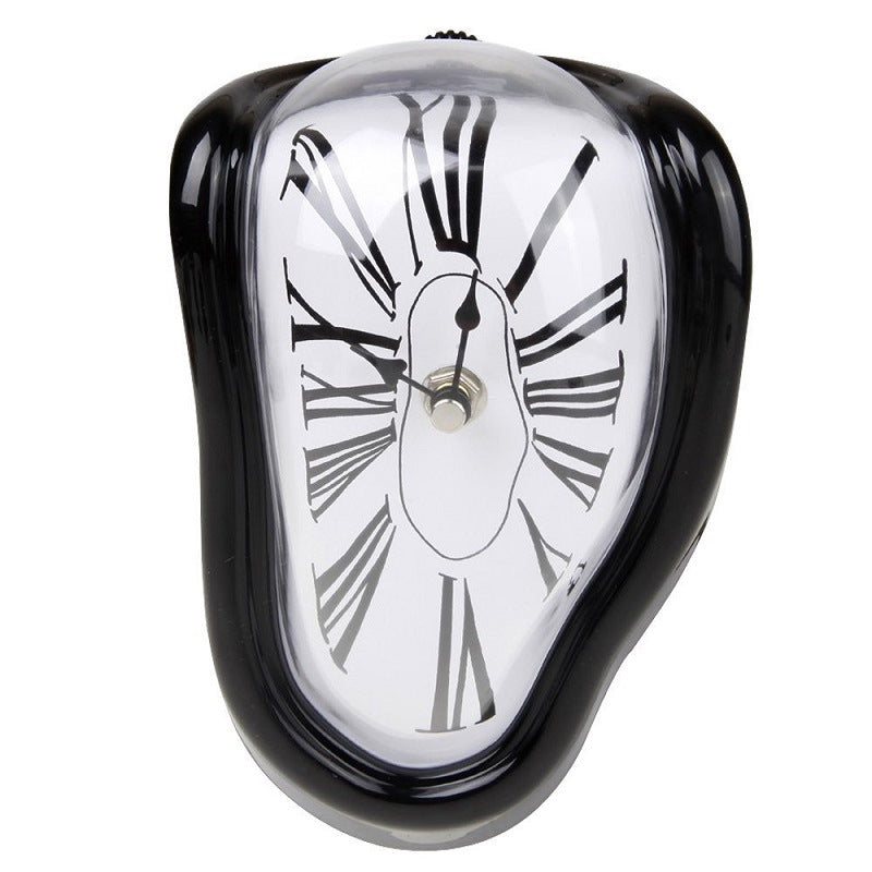 Black melting clock, gloss black enamel rim with a white dial and printed Roman numerals